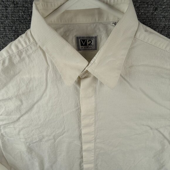 Versace Button Up Shirt Men Long Sleeve Designer 16.5 Adult White Check Cotton - Picture 1 of 16
